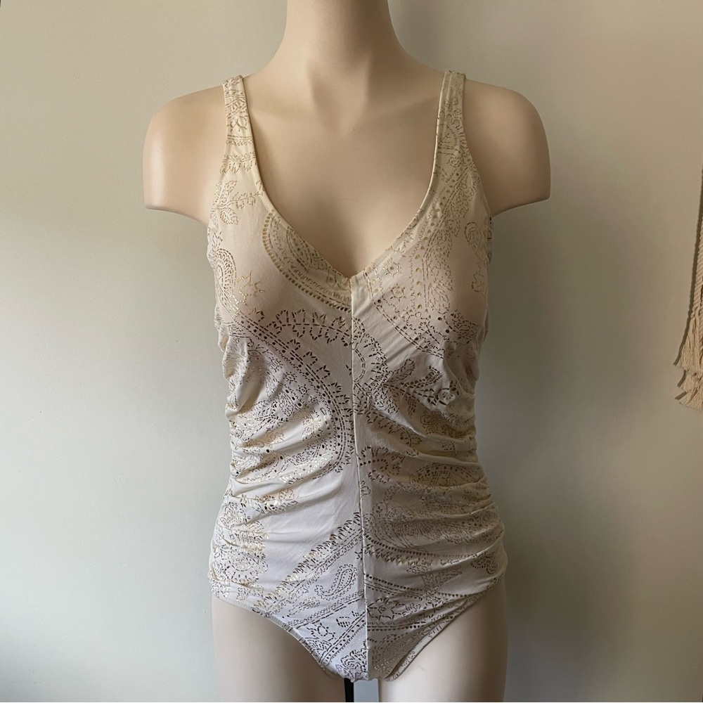 Vintage Gottex Designer One Piece Swimsuit Cream Gold Foil Metallic Paisley